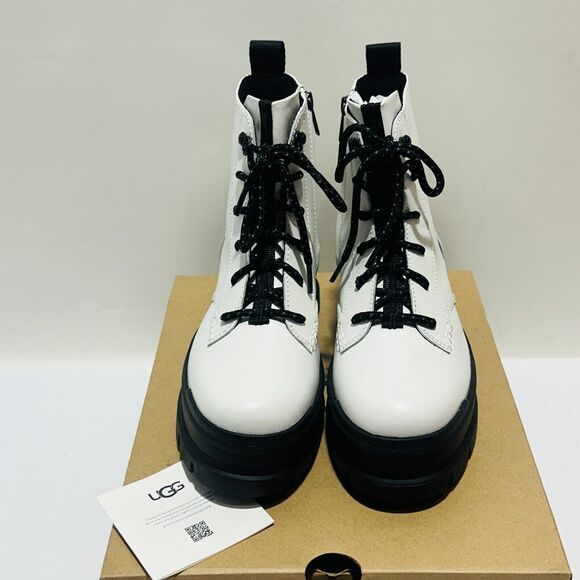UGG Sidnee US 8 Combat Boots White Leather Waterproof Side Zip NIB $150 - Picture 4 of 14